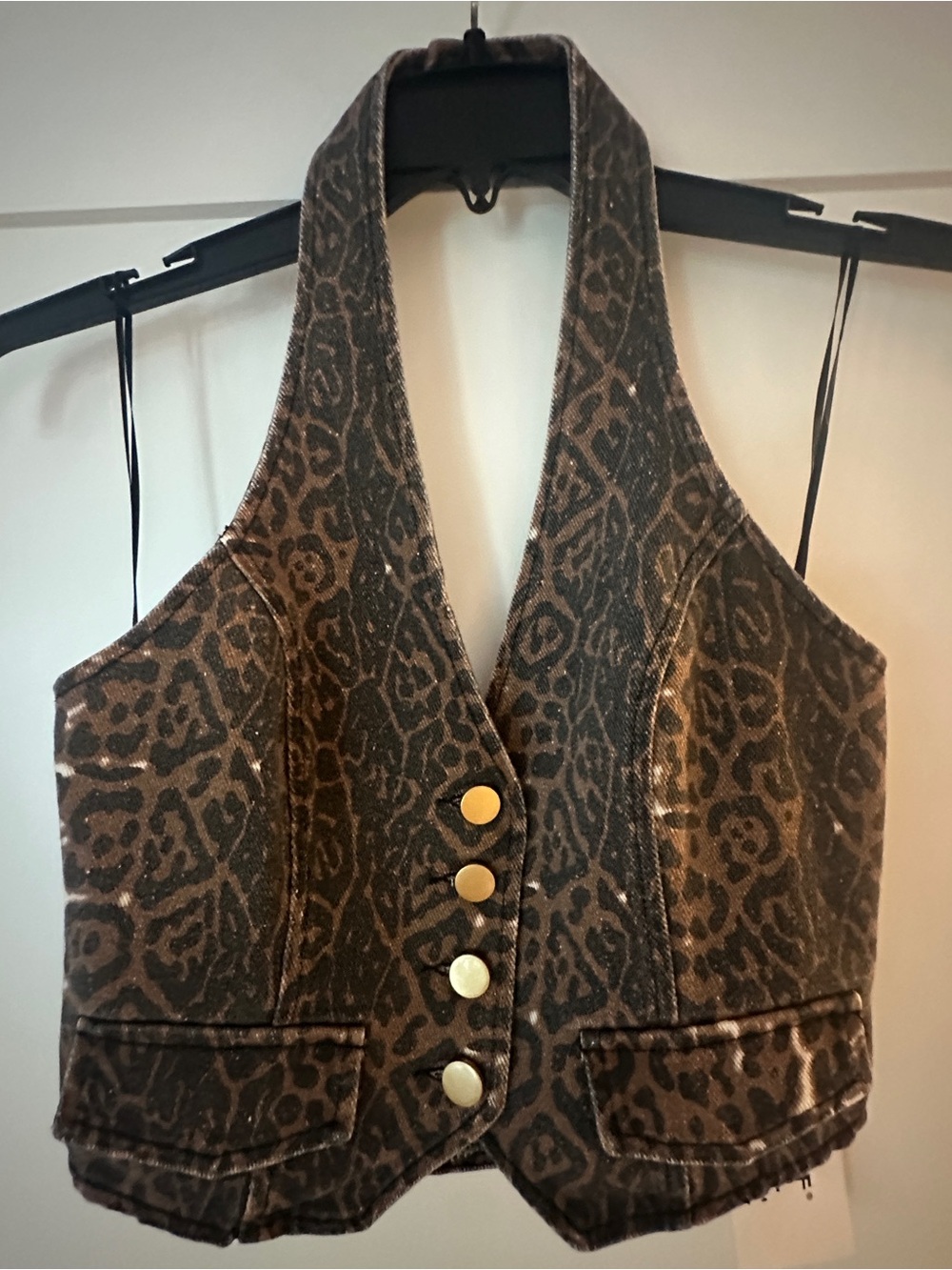 12th Tribe. Brown Animal Print Halter Vest with Gold Buttons - Women Tops
